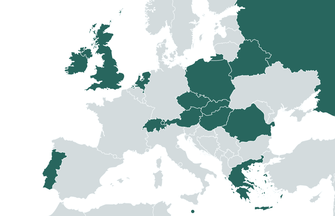 Map of Europe with the fifteen European countries of BC PROFI implementations highlighted